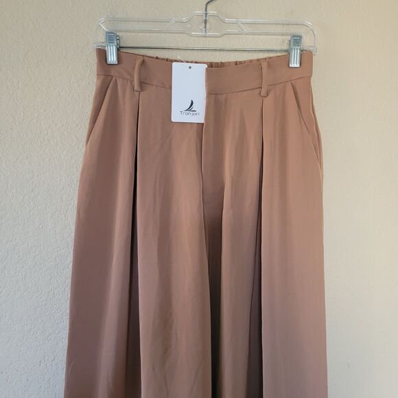 Tronjori Womens High Rise Wide Leg Pants Brown Size Small Pleated Pockets Nwt - Picture 2 of 9